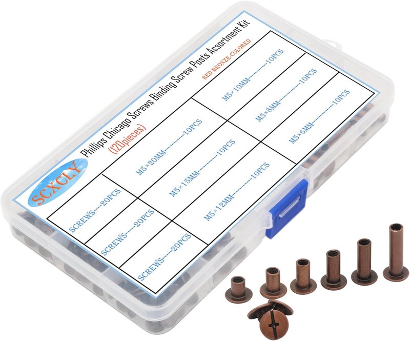 SCXCLY 120pcs Chicago Screws Binding Screw Posts Assortment Kit, 6 Sizes(M5 x 6/10/15/25/30/45mm), Plating (Red Bronze-Coloured) - Image 1